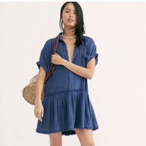 Free People Sz S Love Buzz‎ Plaid Ruffle Drop Waist Tunic Mini Dress  In Blue